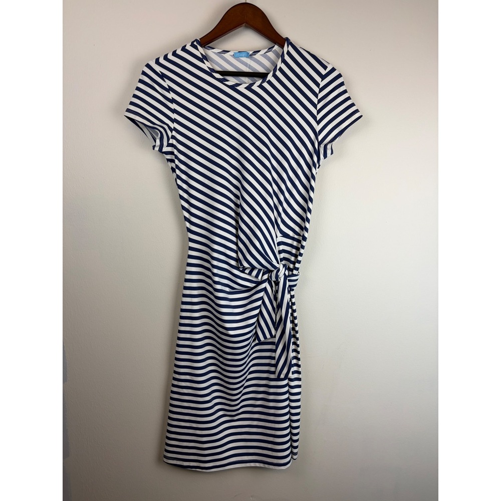 NEW J McLaughlin Elora Dress Small Navy White Striped Side Tie Catalina Cloth